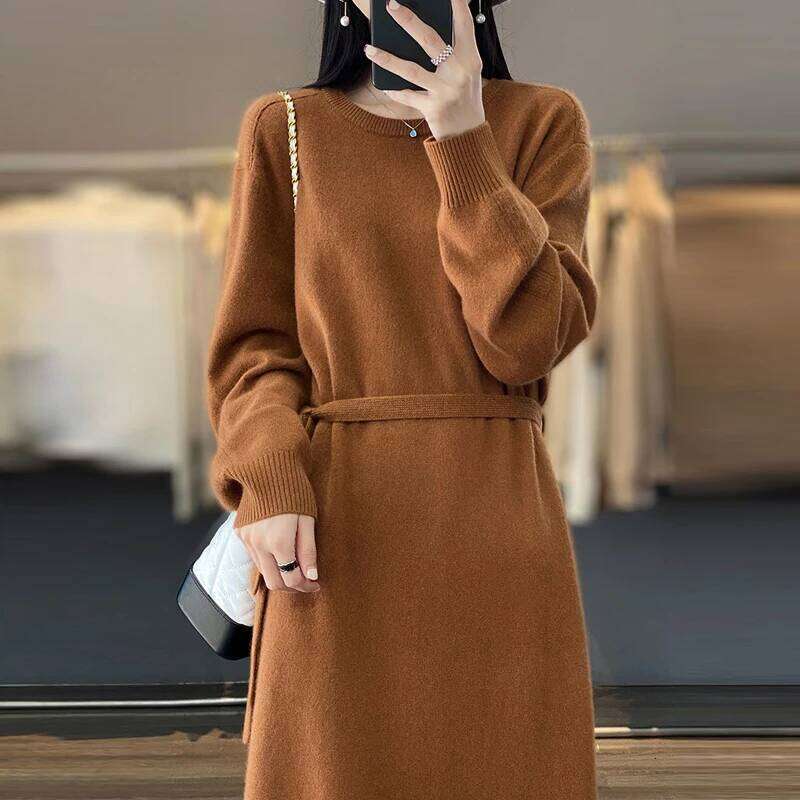Autumn Winter Women Korean Fashion Lace-up Elegant Basic Knitted Dresses Solid O Neck Long Sleeve Loose Chic Sweater Dress Robe Z260313