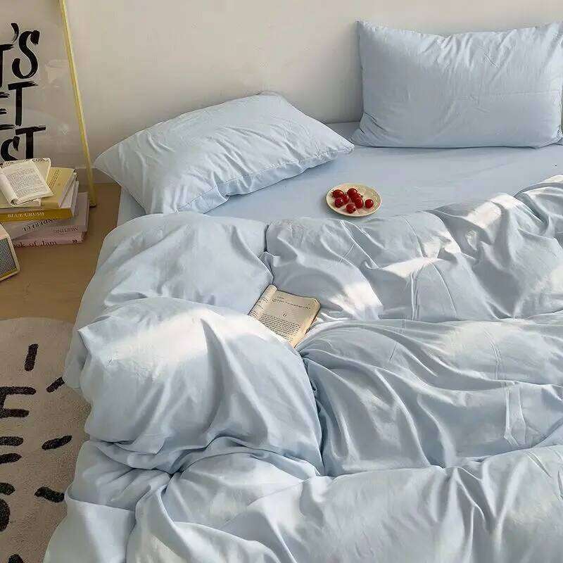 INS Korean Style Fresh Blue Duvet Cover Washed Cotton Sheet Bed Skirt Four-Piece Set Dormitory Simple Solid Color H260312 - view 6