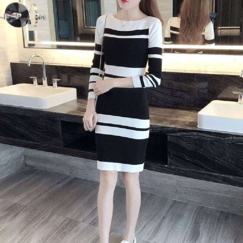 Autumn and Winter Mid-length Knitted Dress Slim Waist Striped Hip-hugging Pullover Sweater Bottoming Skirt for Women Z260314