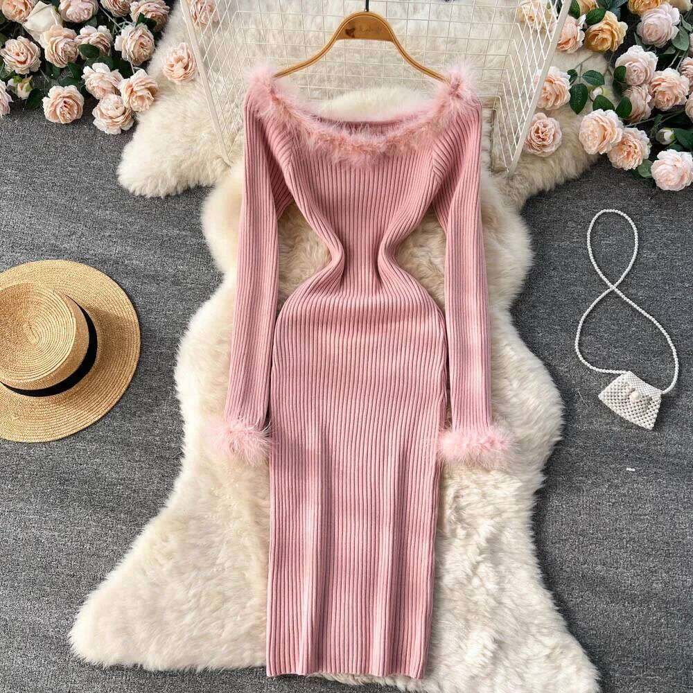 Skash Neck Strecth Solid Sexy Sweater 2026 Women Sleeve Midi Long Autumn Streetwear Knitted Bodycon Dress Z260314