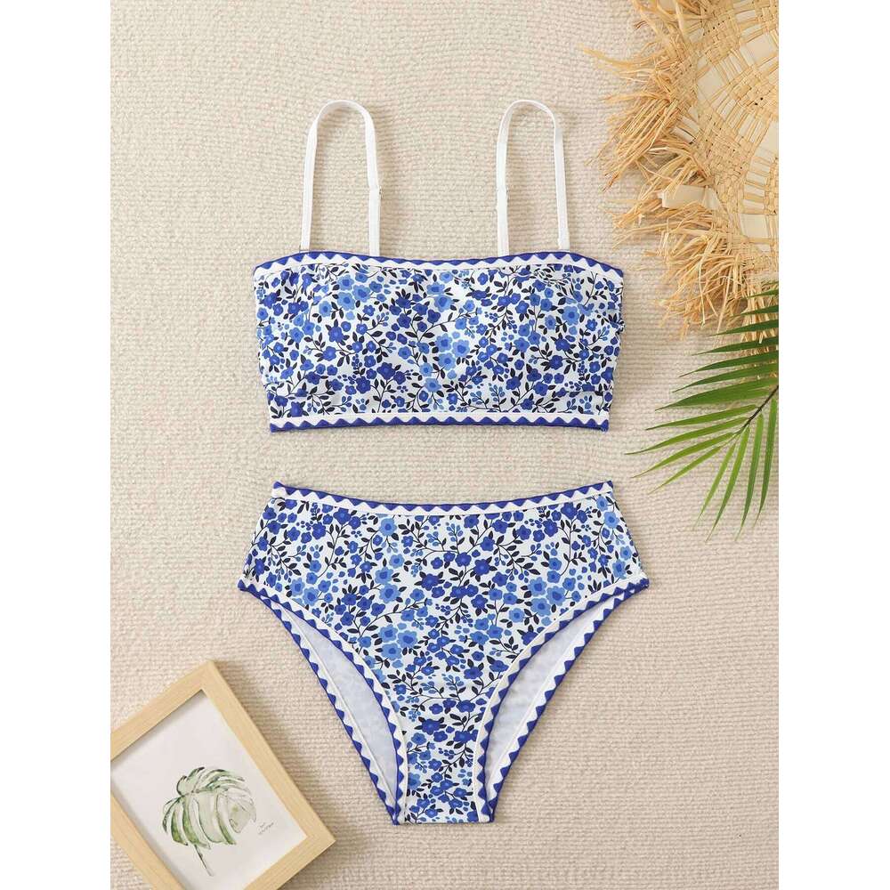 Sexy High Waist Bikini 2024 Floral Bandeau Swimsuit Female Swimwear Women Thong Bikinis Set Bather Beachwear Bathing Suit Pool Y260303