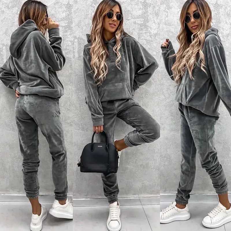 New casual womens suit solid color hooded sweatpants fall 2 piece set comfortable suede womens clothing corset trousers sets M260313