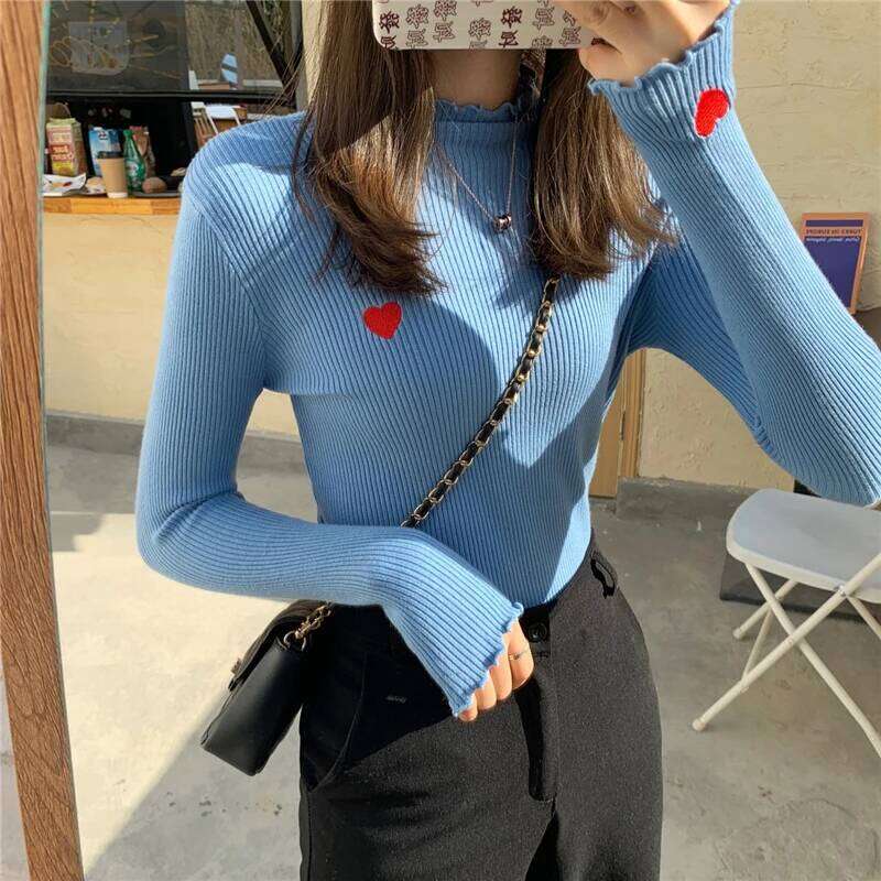 Embroidery Turtleneck Ruched High Elastic Solid 2025 Fall Winter Fashion Sweater Women Slim Sexy Knitted Pullovers Z260313