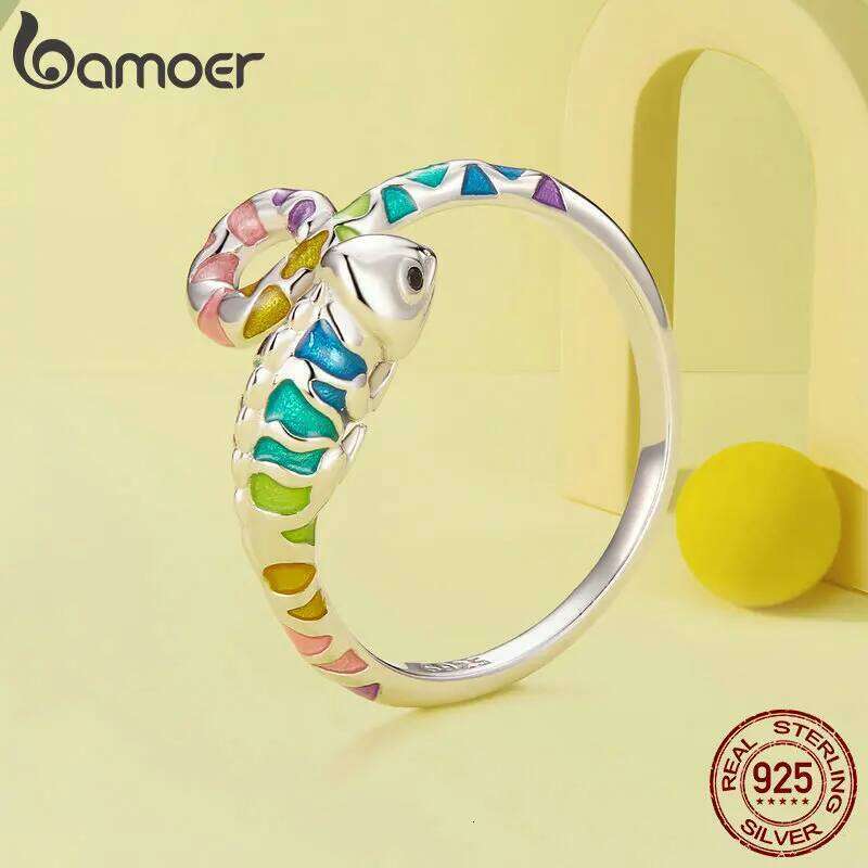 Bamoer 925 Sterling Silver Colorful Chameleon Opening Enamel Process Animal Adjustable Ring for Women Fine Jewelry H260312