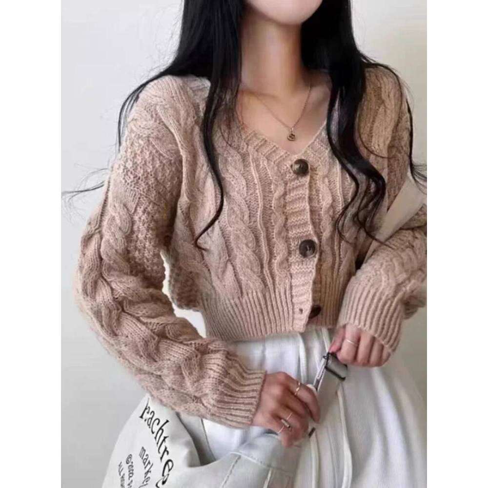 Cable Knit Cardigan for Women Long Sleeve Button-up Boxy-fit Crop Sweater Jacket Teen-girl Fall Winter Y2K Outfit Z260313