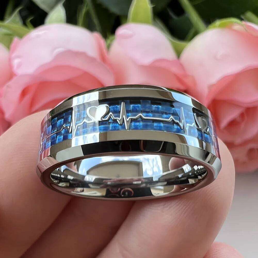 Fashion 8mm SilverBlue Carbon Fiber Heart Inlay Tungsten Carbide Engagement Rings Wedding Bands Domed Polished Shiny Comfort Fit H260312