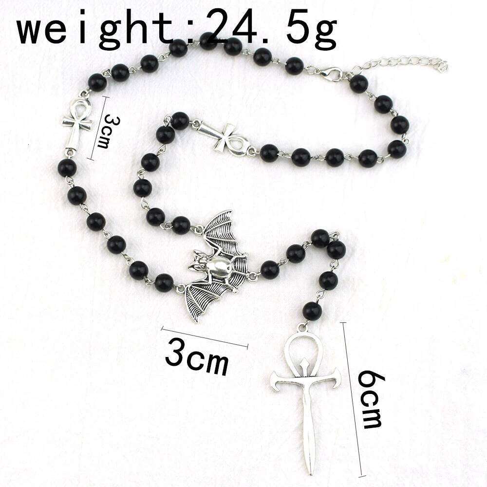 Gothic Vampire Ankh Rosary Occult Vamp Bead Punk Bat Cross Pendant Necklace Handmade Beaded Egyptian Jewelry H260312