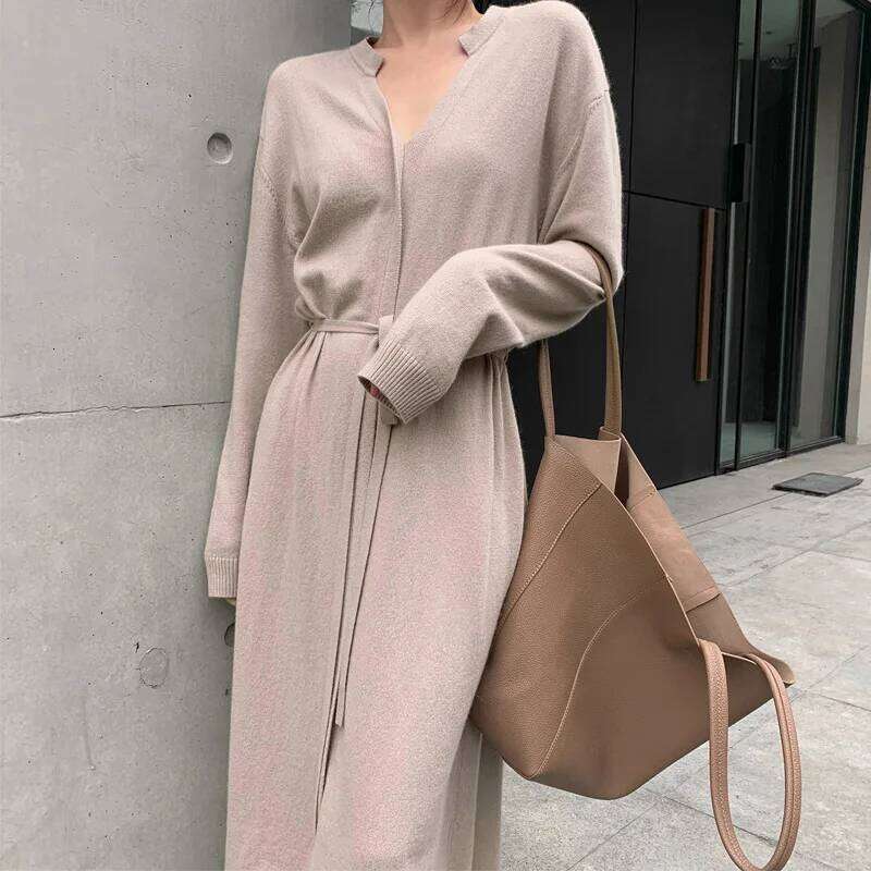 2025 Autumn Winter Korean Style Simple Elegant Women Slimming Solid Color Medium-length Knee-length Drawstring Knit Dress Z260313