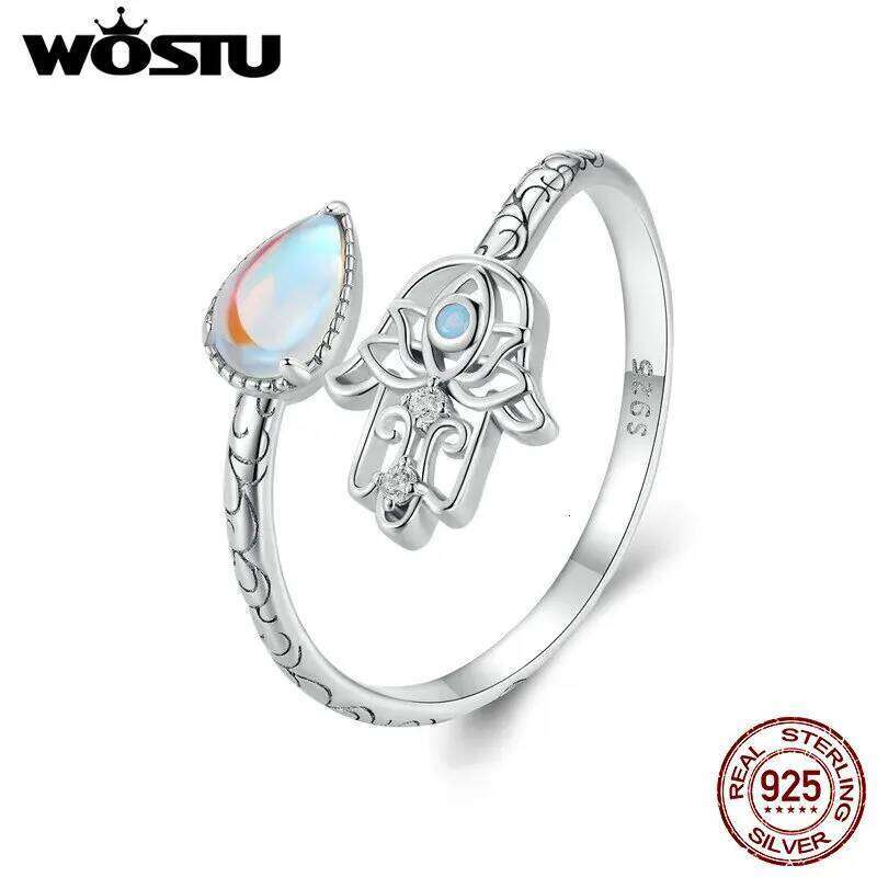 WOSTU Open 925 Sterling Silver Hamsa Hand Lucky Ring with Floral Patterns and Moonstone for Women Happiness Protection Gift H260312