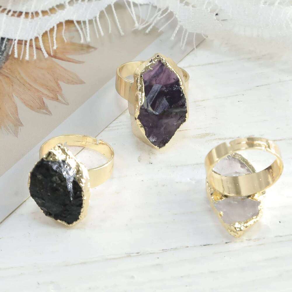 Natural Crystal Amethyst Fluorite Irregular Original Stone Ring Raw Specimen Golden Plated Fashion Charm For Men Women Jewelry H260312