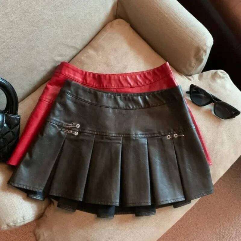 American PU Leather Pleated Women Slim High-waisted Design Mini Skirt Red Black Z260314