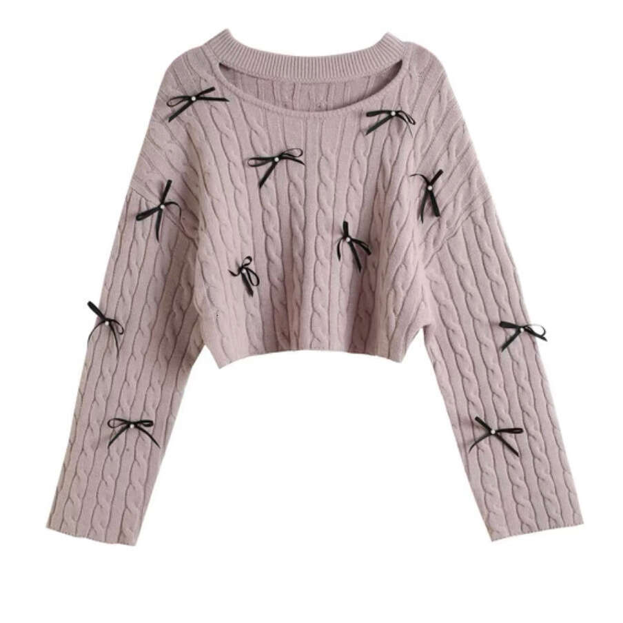 2026 Autumn/Winter New Designer Women's Bow Beaded Fluffy c10 Knitted Hollow Knitted Sweater