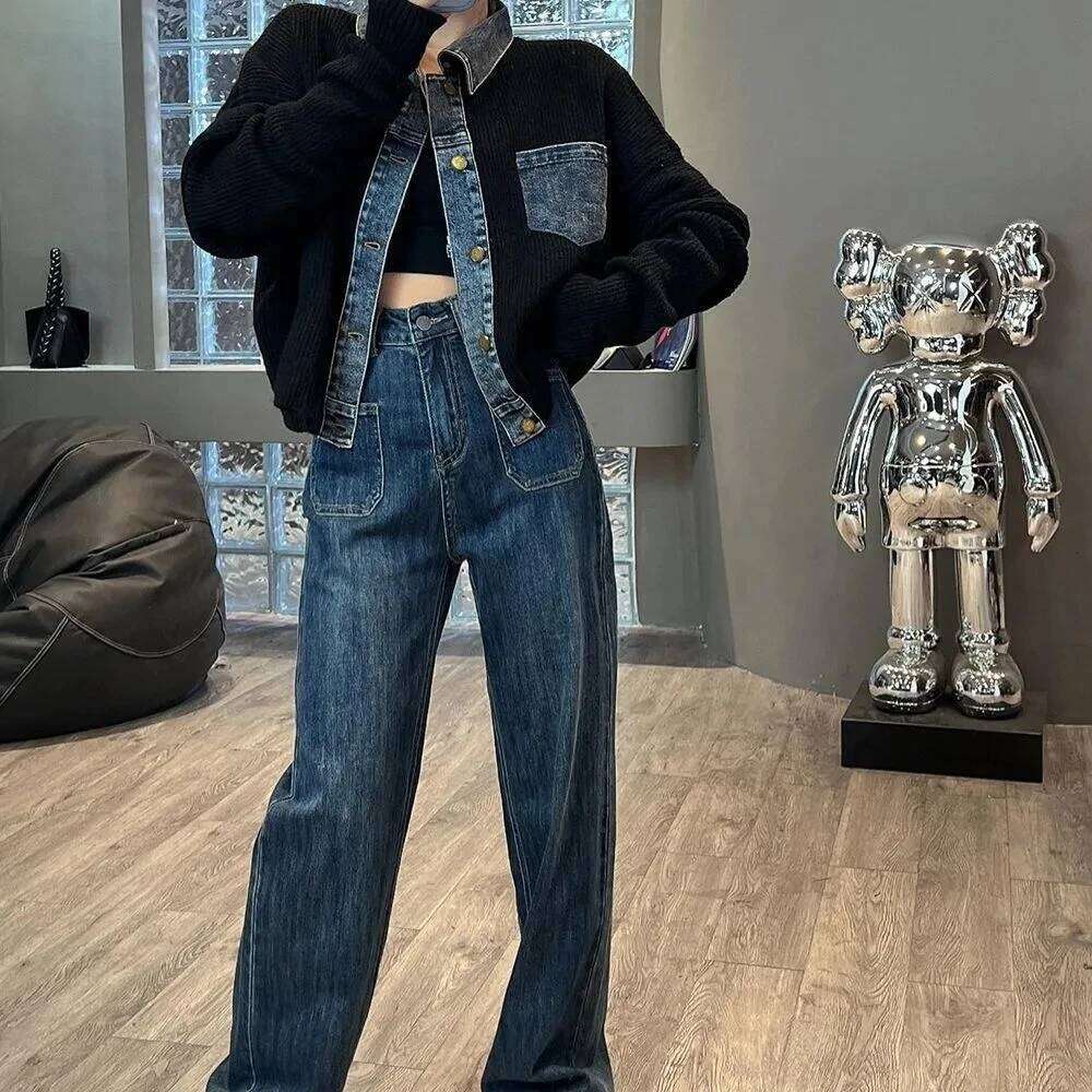 Women's Grey Denim Patchwork Knit Cardigan Jacket long sleeves Short Coat Single breasted Fashion Lady Sweater Outwear Z260313