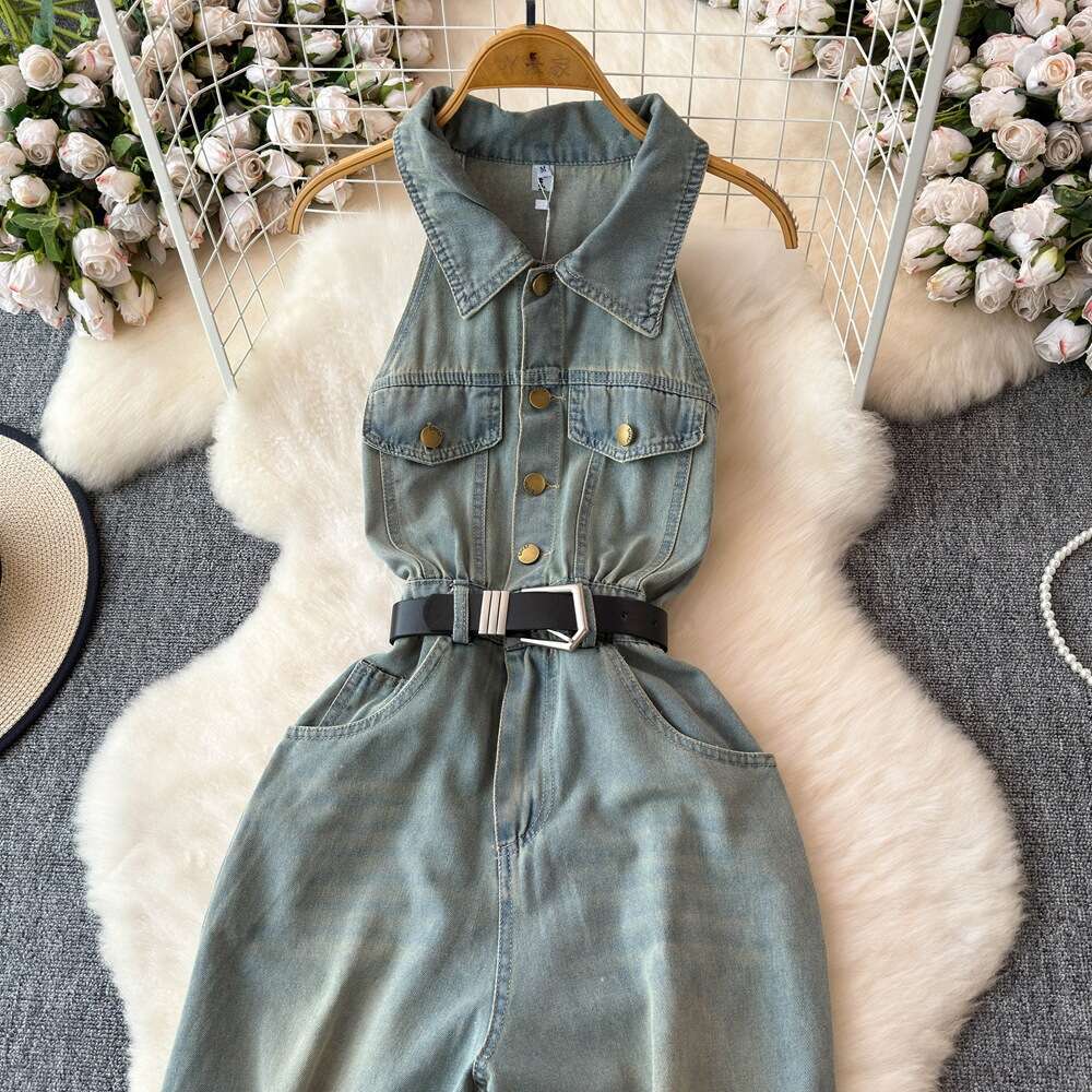A12 2026 summer high-end exquisite blue denim jumpsuit women's wide leg pants French retro chic