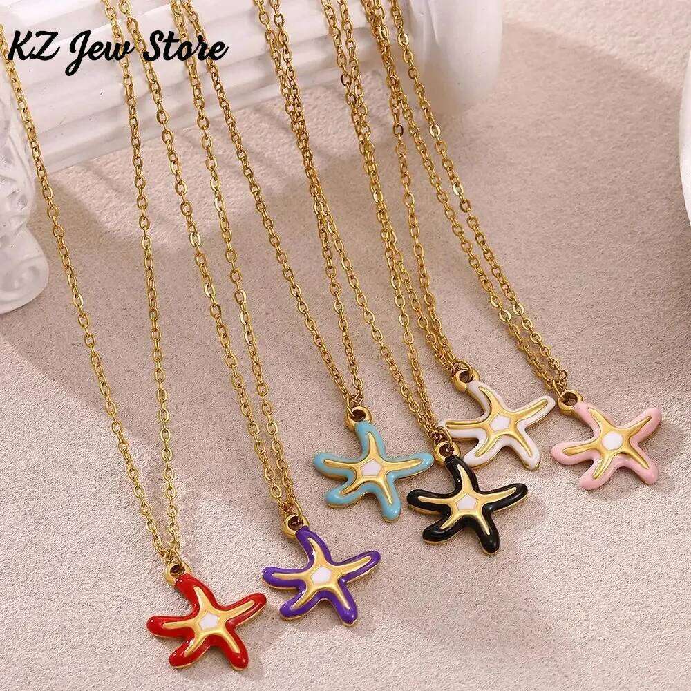 Cute Women Starfish Necklace 18 K Gold Color Charm Beach Tropical Fashion Waterproof Stainless Steel Drip Oil Jewelry Christmas H260312