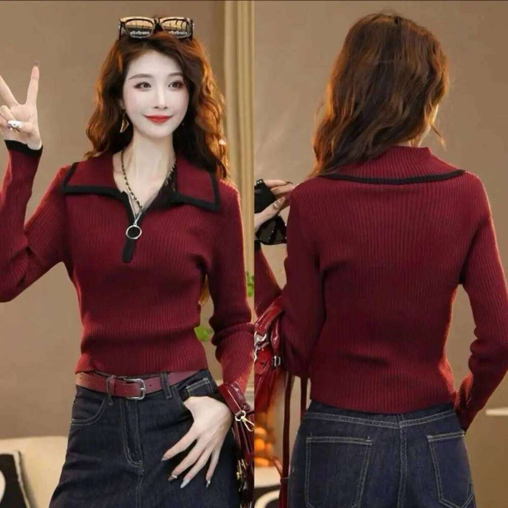 Zipper Lapel Sweater Women Autumn Winter Pullover 2026 New Color Blocked Long Sleeved Slim Knit Top Female Bottoming Shirt Z260313
