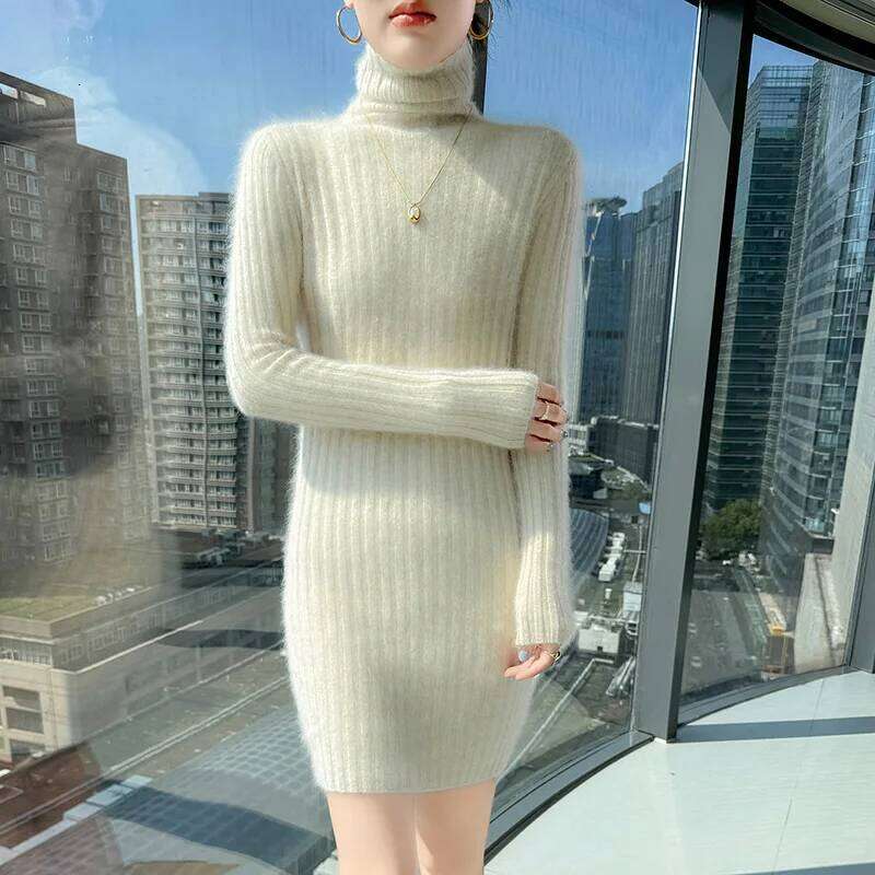 100% Pure Mink Cashmere knitted Dress Women's High-Neck Slim Medium-length Skirts Fashion Sprout Joker High Waist Hip Skirt 2025 Z260313