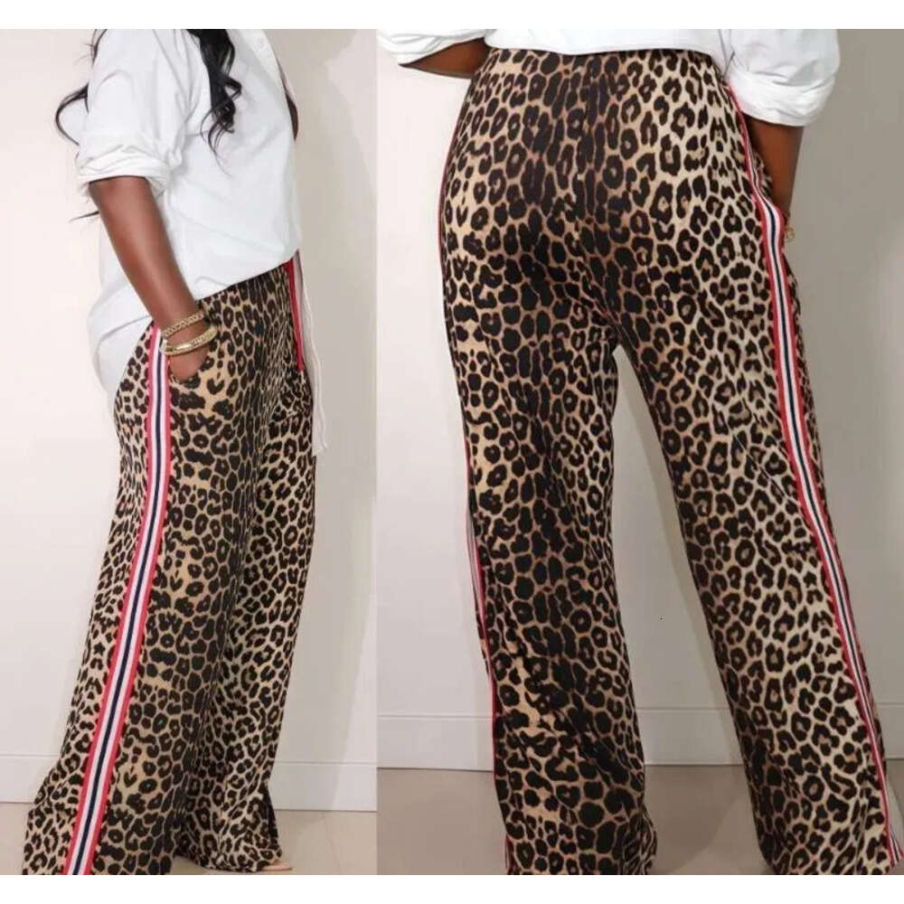 Women's Pants FAGADOER Casual Leopard Print Straight Women Drawstring Stripe Patchwork Wide Leg Pant Trousers Female Streetwear Bottoms Z260314