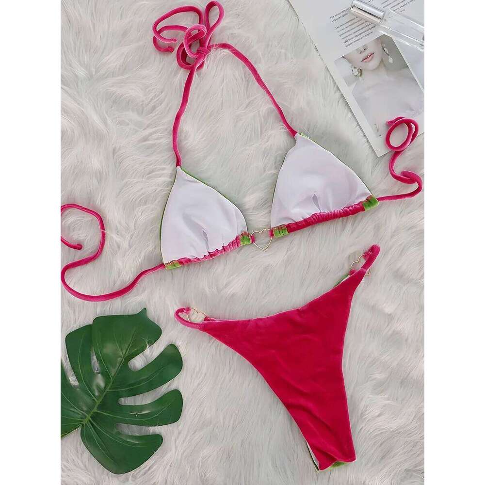 2025 Splicing Halter Velvet Female Swimsuit Women Brazilian Swimwear Two-pieces Bikini Set High Cut Bathing Suit Swim Y260303