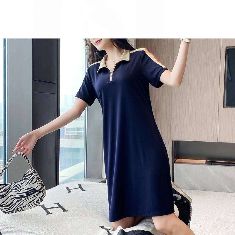 Women's Summer Pullover Turtleneck Solid Zipper Short Sleeve Casual Vacation Vintage Loose Elegant Knee Office Lady Dress Z260313