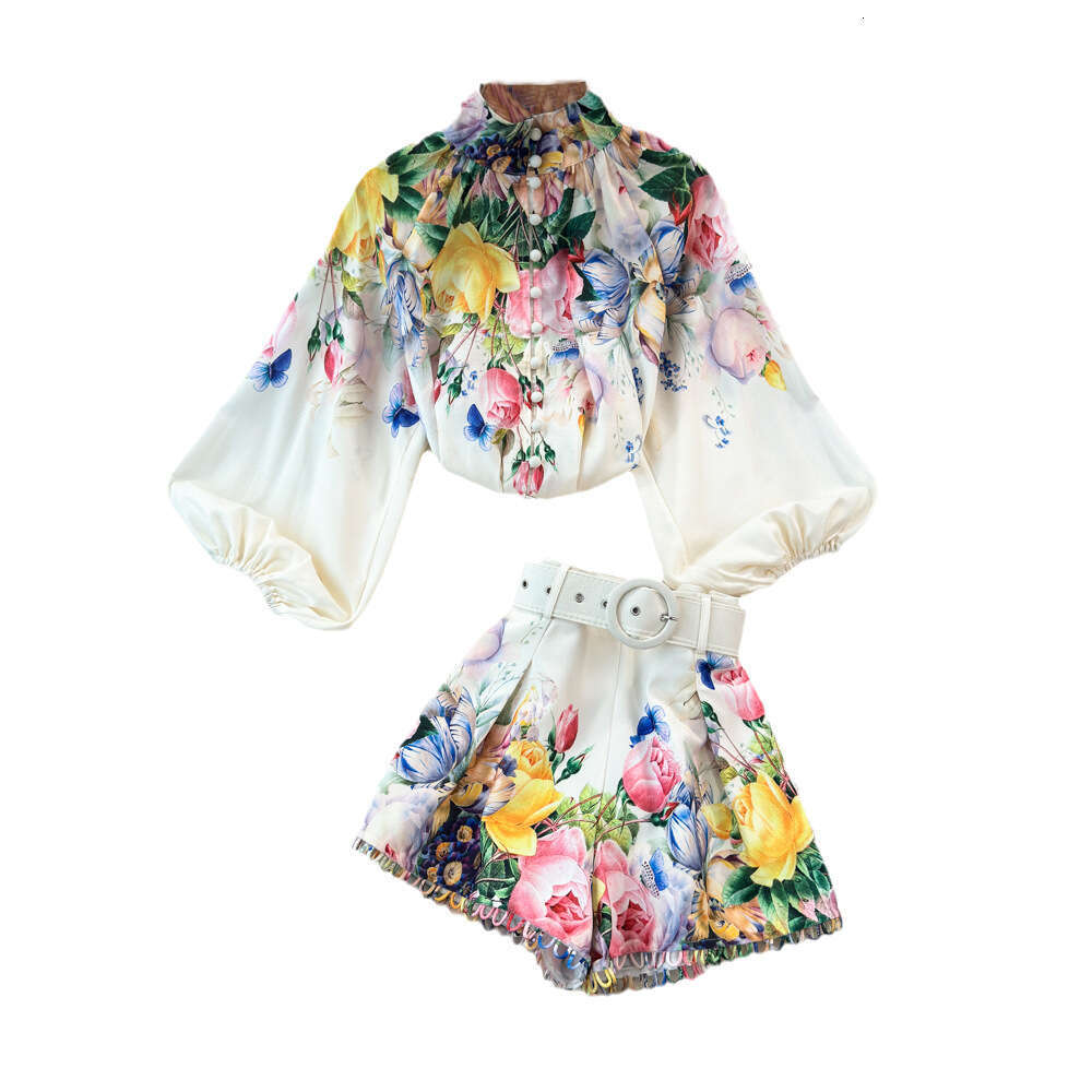 2026 Women's Fashion European and American Style Lantern Long Sleeve Stand Collar Loose Printed Top High Waist Two Piece Set