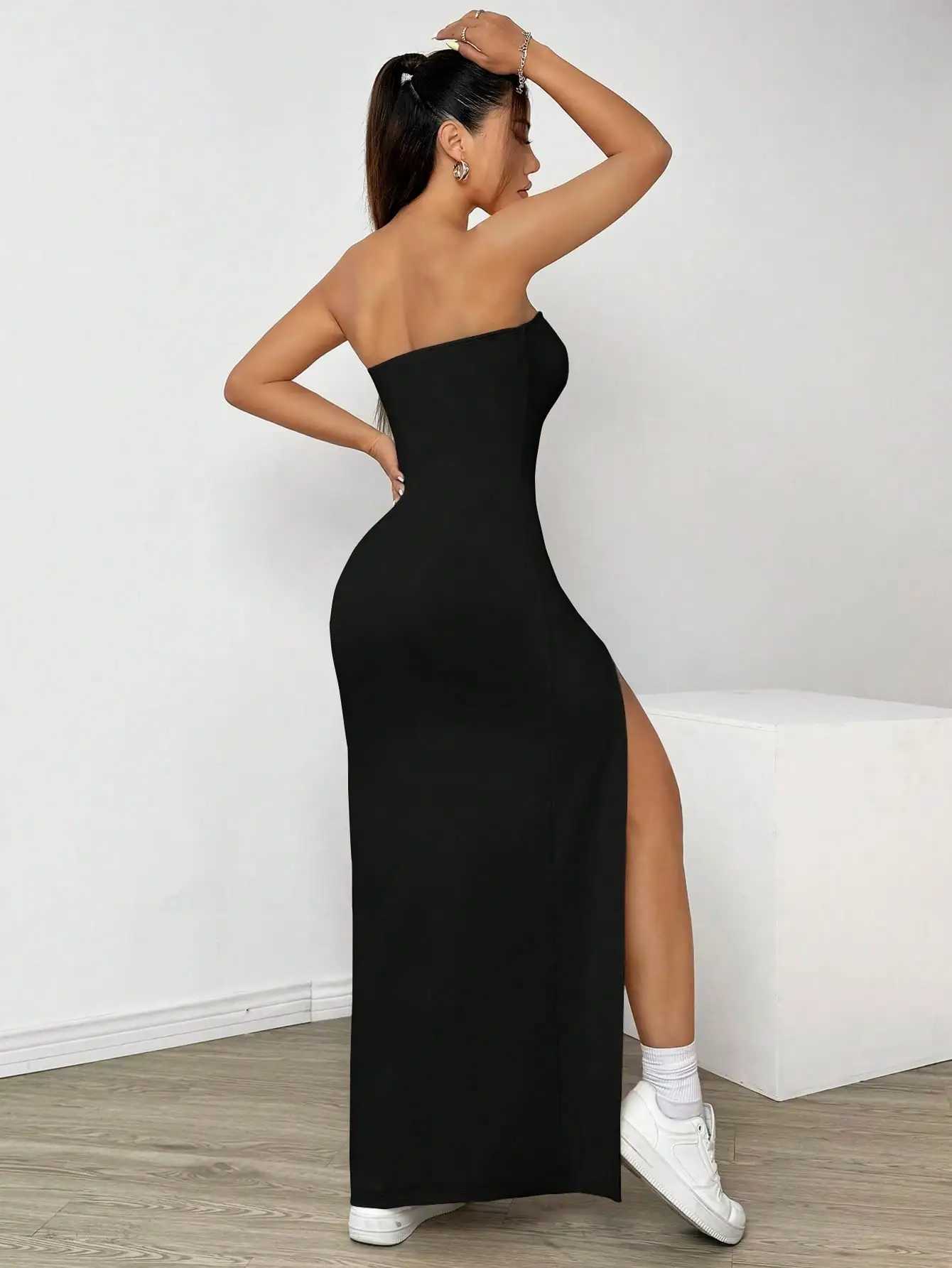 Elegant ladies strapless camisole slit simple basic solid color long dress ideal for casual and semi-formal occasionsT260314