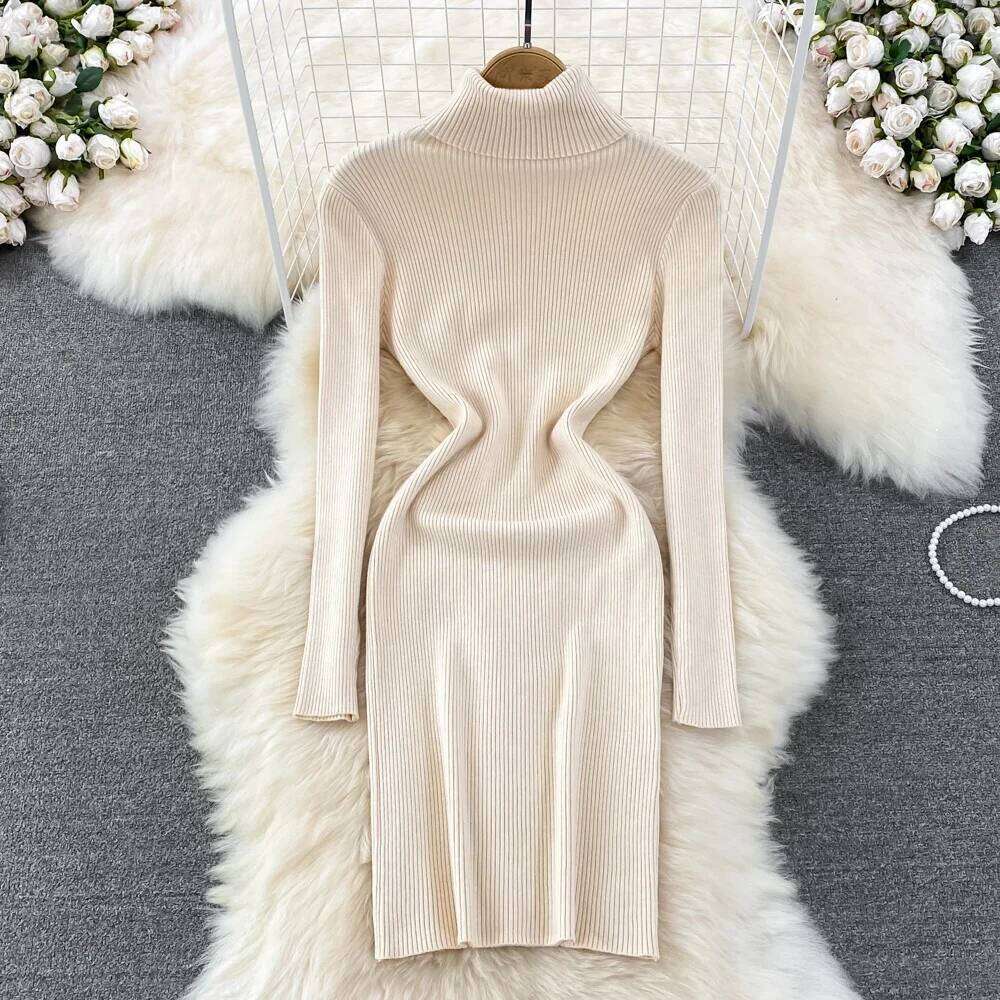 Elegant Turtleneck Long Sleeve Knit Bodycon Pencil Dress Slim Basic Fashion Sweater Vestido Sexy Women Autumn Winter Clothing Z260314