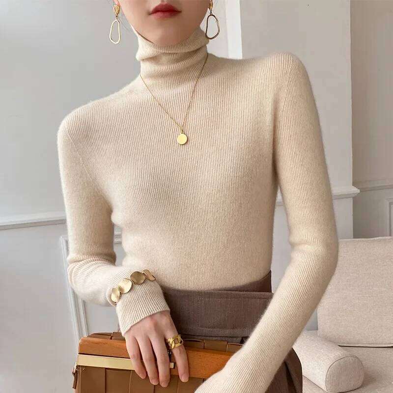Korean Casual Solid Bottoming Shirt Women Autumn Winter Turtleneck Warm Knitwear Pullovers Fashion Slim Brown Sweater Z260313