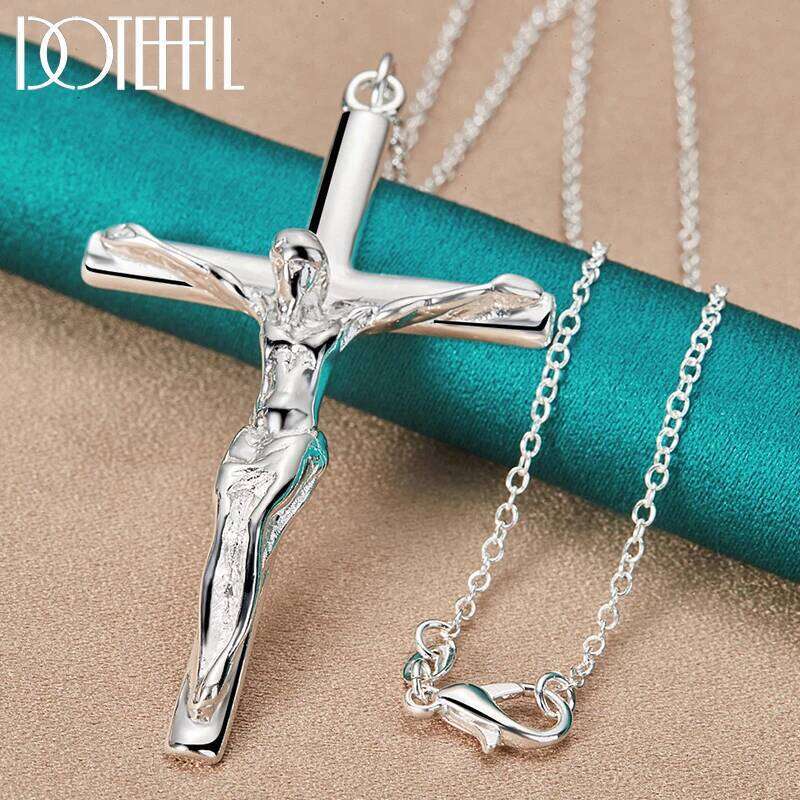 DOTEFFIL Silver Color Jesus Cross Pendant Necklace 16/18/20/22/24/26/30 Inch Chain For Woman Man Charm Wedding Jewelry H260312