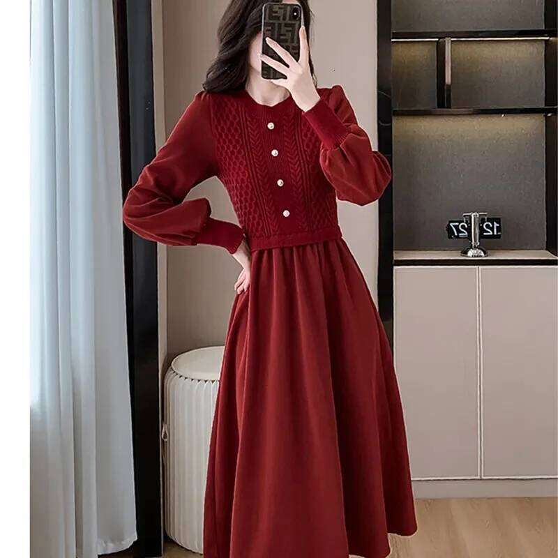 Women NewCasual O-Neck Dresses Autumn Ladies Long Styles Sweater Female Lantern Sleeve Fake Two Pieces Knitted Dress Z260314
