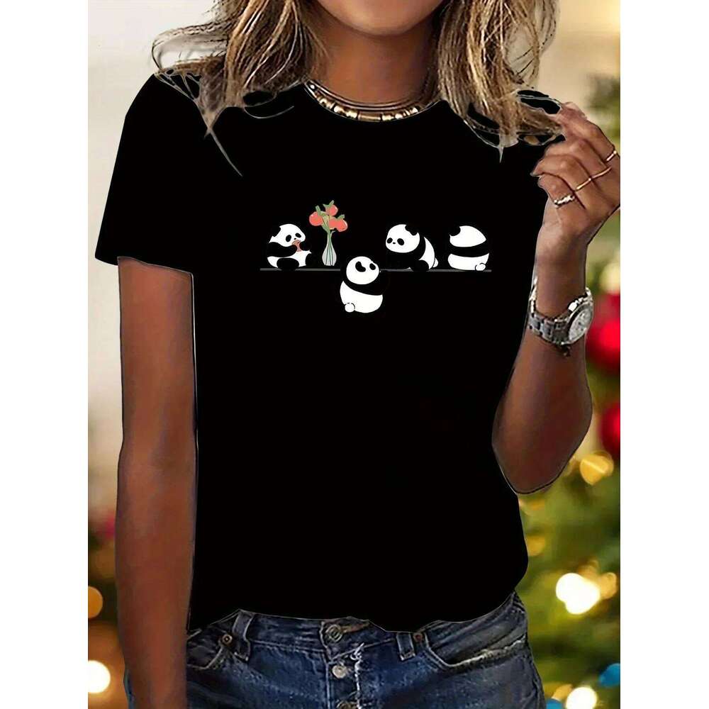 With Adorable Design Sleeve Multiple Colors Available Festive Apparel Women's Cute Panda Graphic Casual Round Neck Z260314