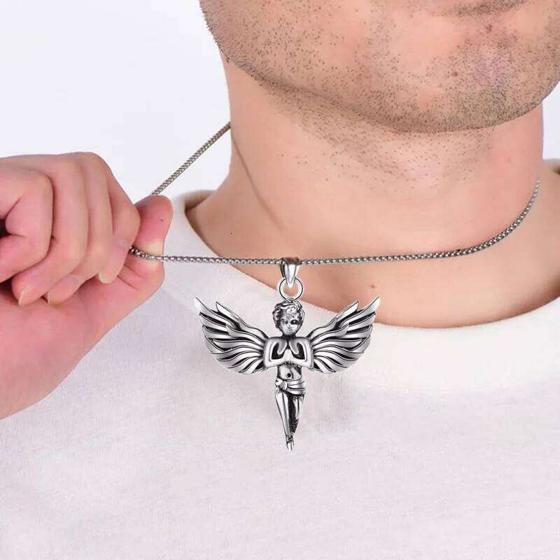 Angel With Feather Wing Pendant Necklace Stainless Steel Retro Punk Fashion Silver Color Hip Hop Rock Neck Jewelry Party Gifts H260312