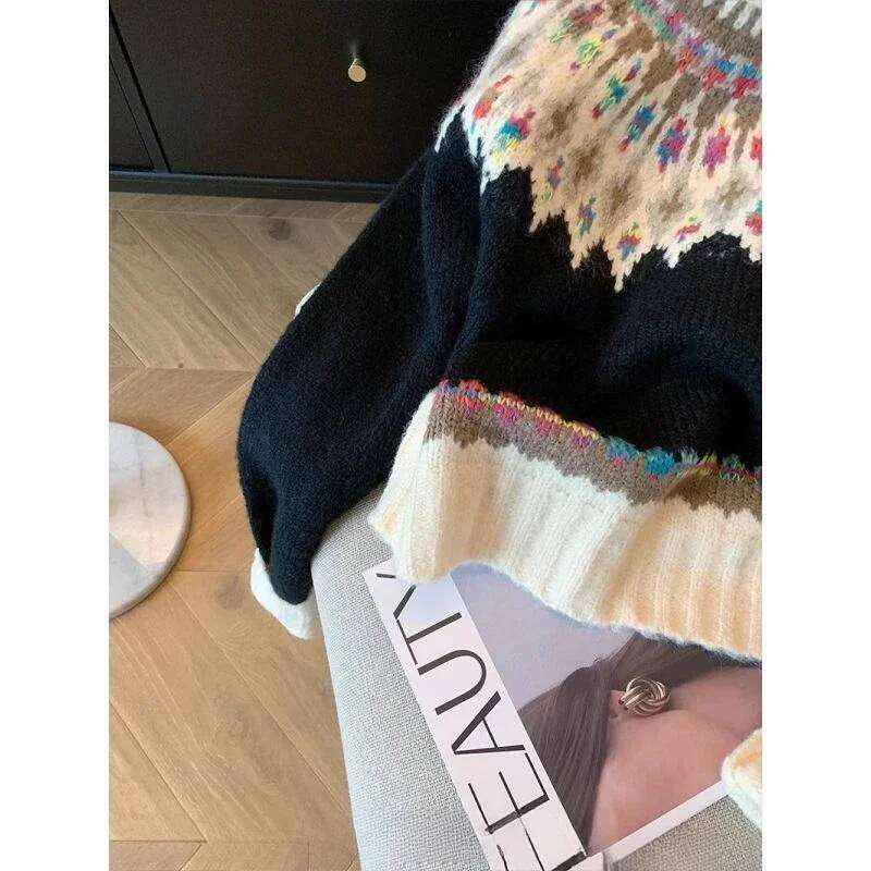 Retro Fair Isle Pattern Sweater Women Loose Knit Pullover Crew Neck Long Sleeve 2025 Winter Top Z260314