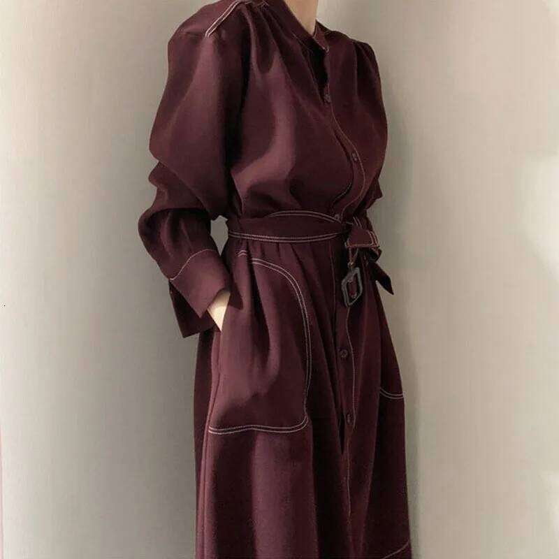 REALEFT Spring Autumn Single Breasted Women's Shirt Dresses Sashes 2024 New Stand Collar Korean Casual Straight Dress Female Z260314