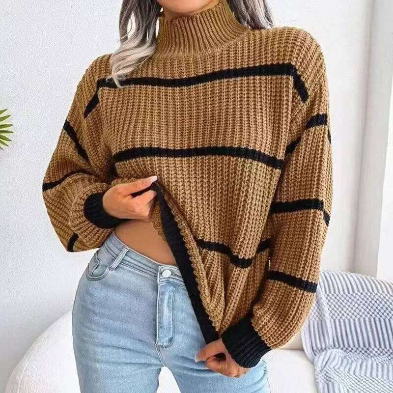 Autumn Winter Stripe Sweaters Pullovers Women New Solid Color Long Sleeved Jumpers Fashion High Neck Warm Pullover Knitwears Top Z260314