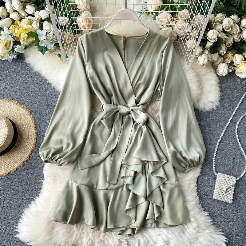 Slimming V-Neck Long Sleeve Lantern Sleeve Dress A- Line Skirt High Waist Polyester Fiber Short Dress OL Commute Pure ColorT260314