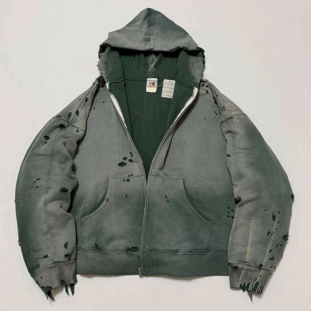 Washed Green SAINT Hole Hoodie Men Women High Quality Heavy Fabric Cardigan Hooded Pullover Z260314