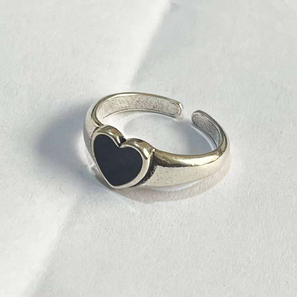 925 Sterling Silver Rings For Women Simple Vintage Handmade Adjustable Finger Black Heart Ring Fashion Band Female Bijoux Gift H260312