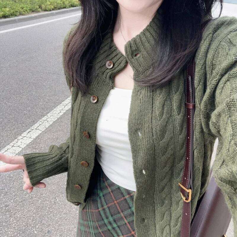 Knitted Cardigan Women Green Soft Vintage Sweaters Coats Tender Korean Fashion Daily High Street Girlish Autumn Z260313