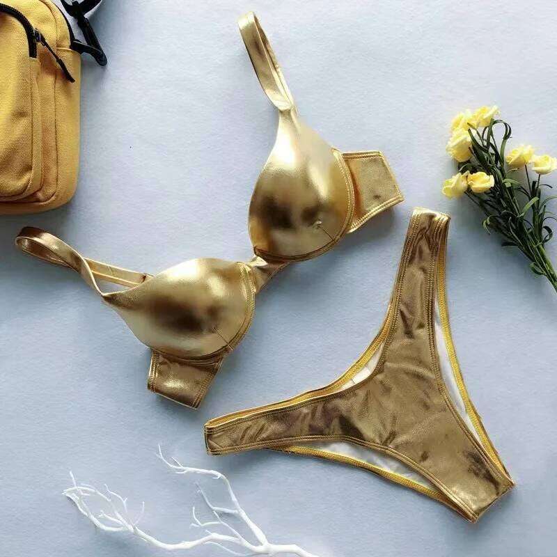Silver Bright Leather Bikinis 2023 Push Up Bikini Set Female Swimsuit Women Swimwear Bather Bathing Suit Biquini Y260303