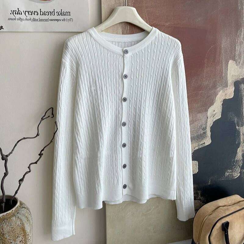 2026 Pure Color Long Sleeve Single Breasted Knitted Sweater Autumn Winter Women's Crew Neck Cardigan New Casual Versatile Tops Z260314