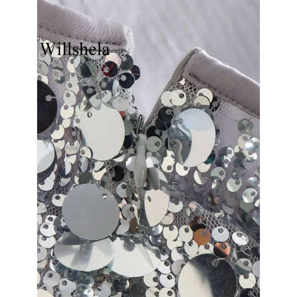 Willshela Women Fashion With Sequined Solid Side Zipper Mini Skirt Vintage High Waist Female Chic Lady Skirts Z260314