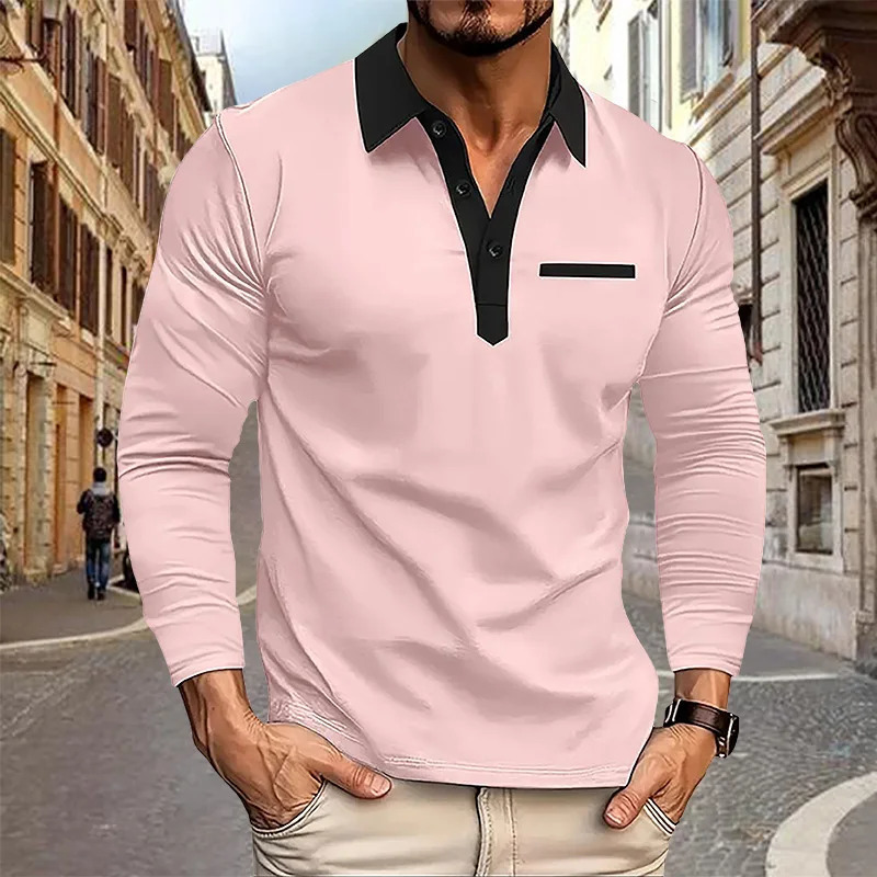 Spring and Autumn Mens Long sleeved Polo Shirt business casual Fashion Classic lapel neck European American plus size 260312