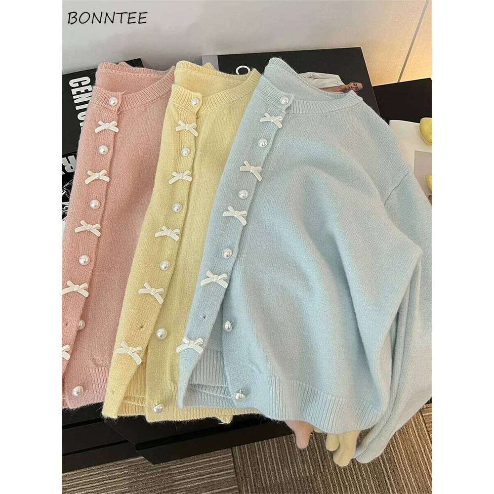 Sweet Knitted Cardigans Women Bow Design Gentle Casual Pearl Button Outwear Autumn Winter Japanese Style Aesthetic Soft Girls Z260314