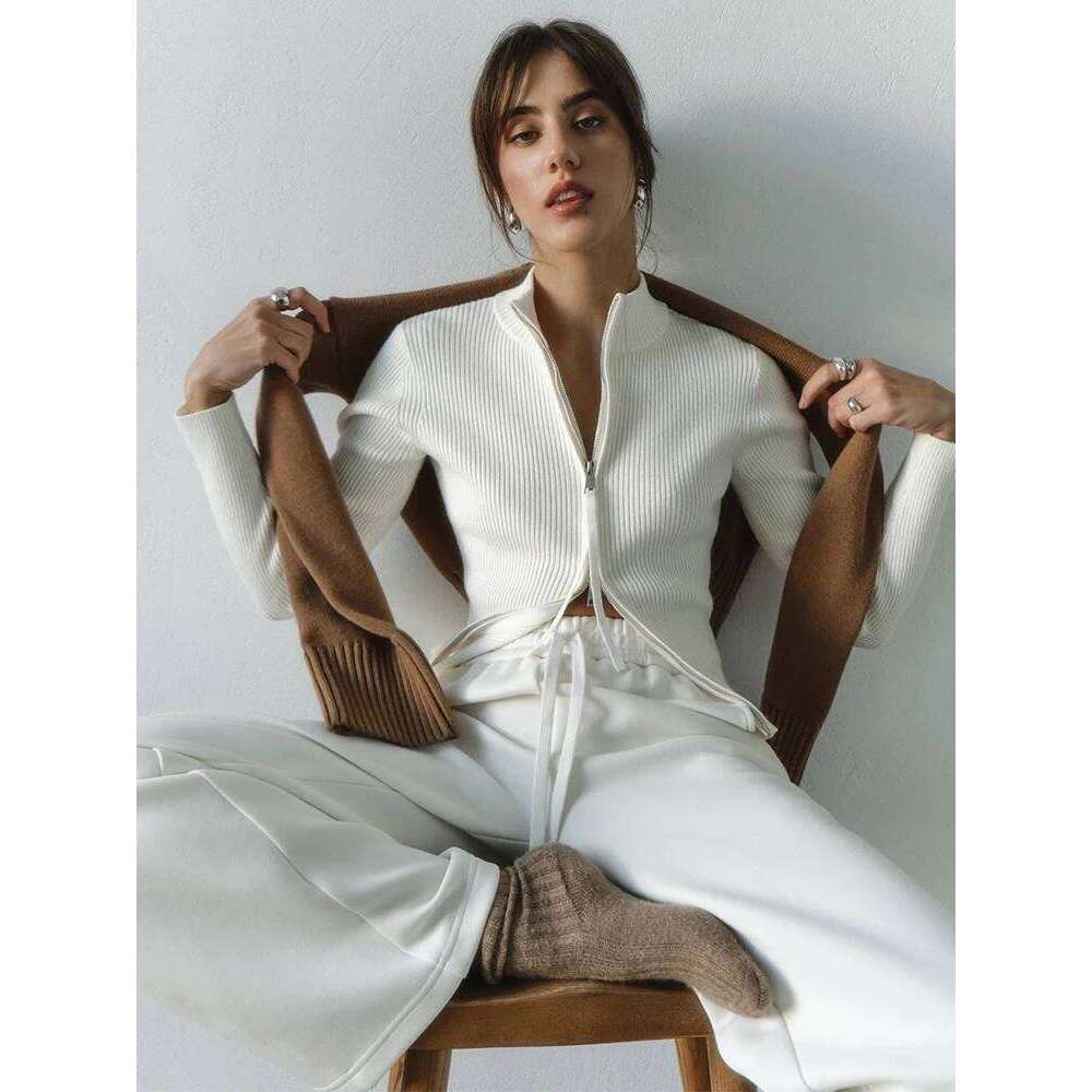 Trendix Women Winter Knit Cardigan Fashion Stand Collar Patchwork Long Sleeve Zipper Sweater Femme Slim Knitted Rib Cardigans Z260313