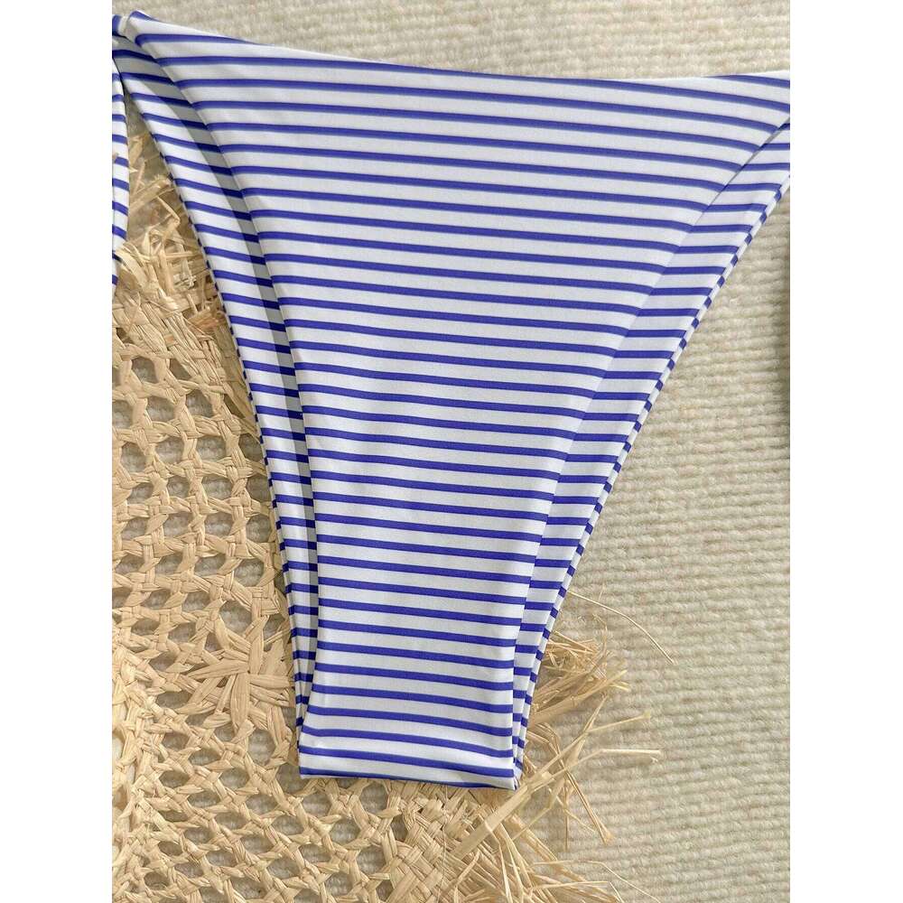 Women's Set, Sexy Blue and White Striped Print Halter Neck Tie-Up Triangle Top with String Bikini Bottoms, Beach Two-Piece Swimsuit 26H0313