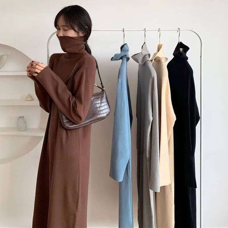 Smvp Fall Winter Turtleneck Women Basic Solid Casual Loose Long Sleeve Dresses Female Streetwear Side Split Dress Z260314