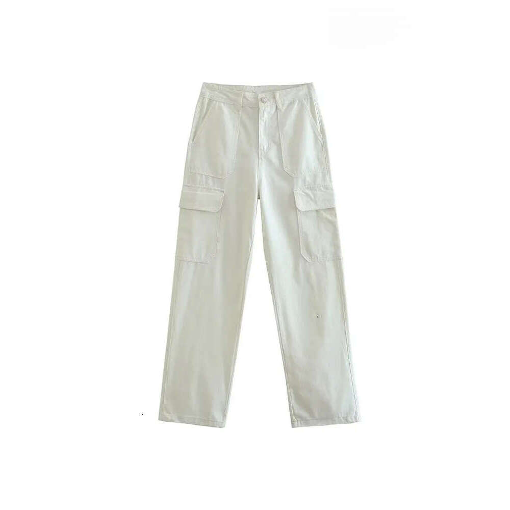 Women's Capris TRAF Women Fashion With Side Patch Pockets Straight Cargo Pants Vintage High Waist Zipper Fly Female Trousers Mujer 230321 Z260314