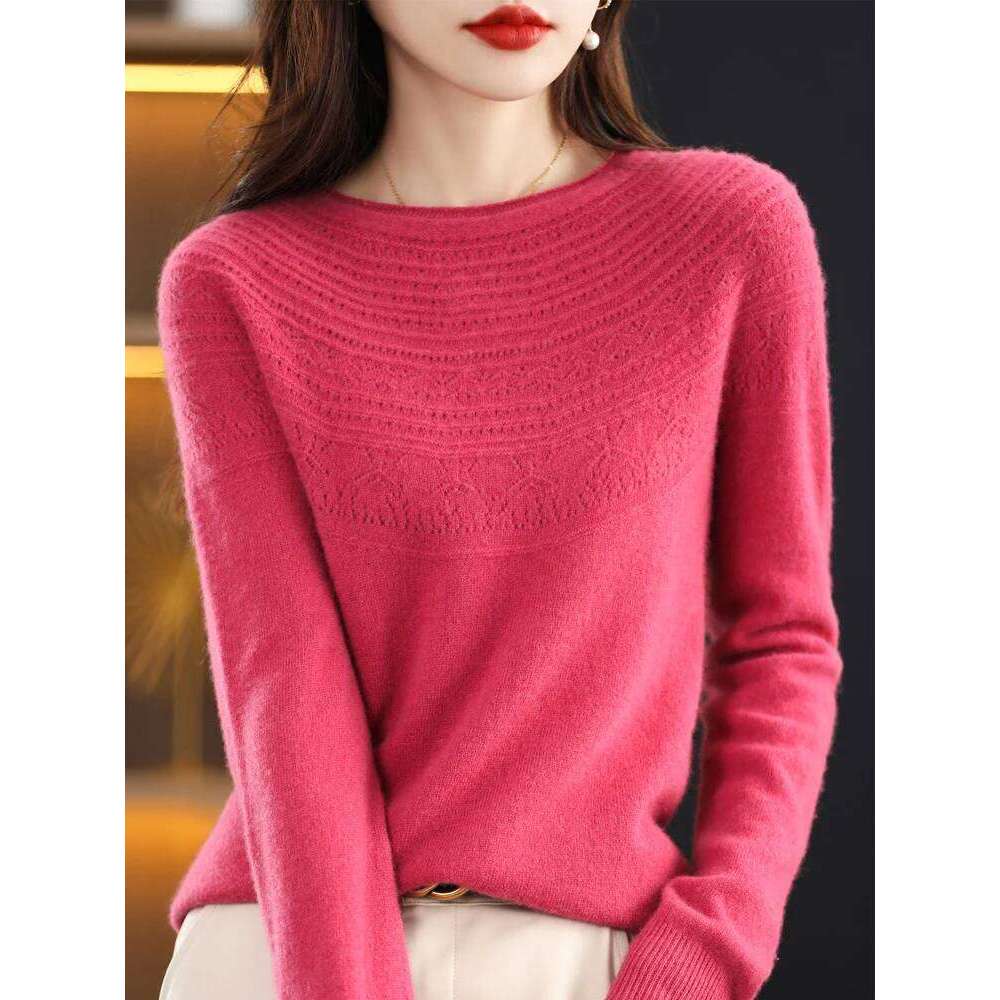 Women 100% Merino Wool Sweater Autumn Winter Pullovers O-Neck Hollow Cashmere Knitwear Female Basic Bottoming Clothing Tops Z260314