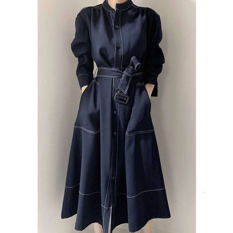 REALEFT Spring Autumn Single Breasted Women's Shirt Dresses Sashes 2024 New Stand Collar Korean Casual Straight Dress Female Z260313